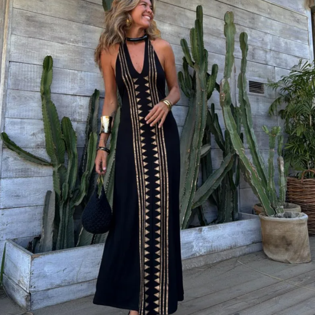 Vestido Zahara – Negro Étnico con Espalda Descubierta