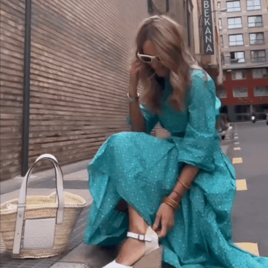 Vestido camisero "Verona" – Largo Turquesa con Mangas y Movimiento