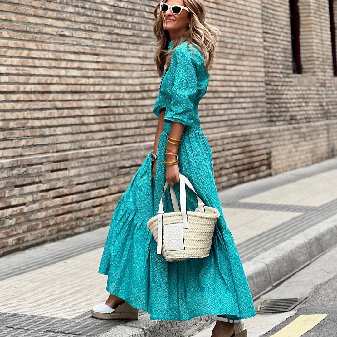 Vestido camisero "Verona" – Largo Turquesa con Mangas y Movimiento