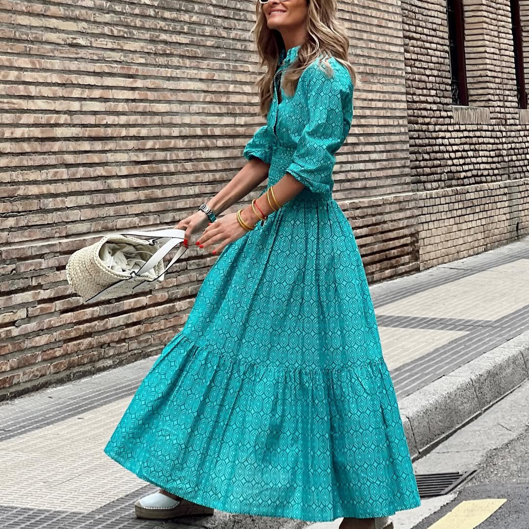 Vestido camisero "Verona" – Largo Turquesa con Mangas y Movimiento