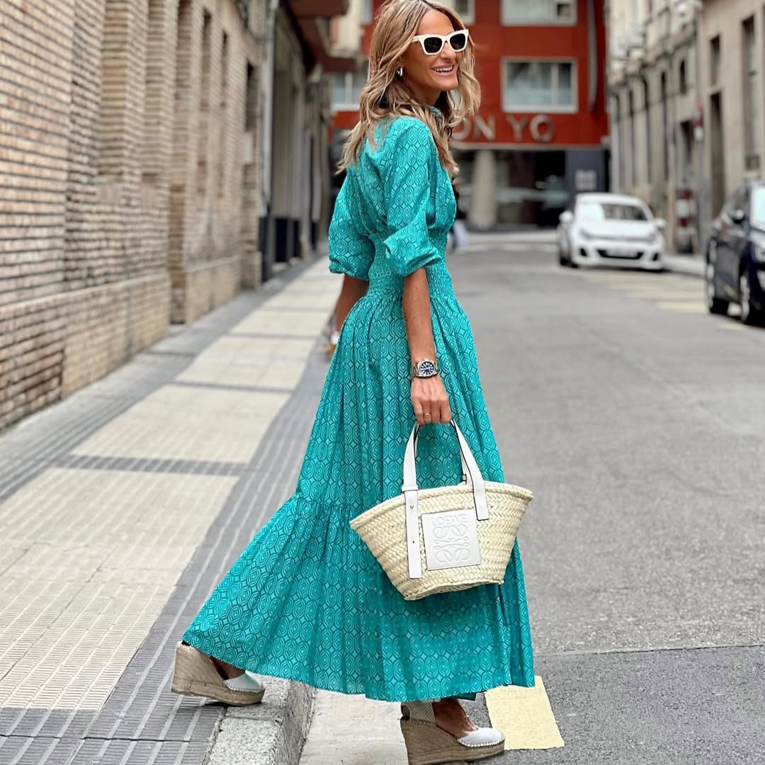 Vestido camisero "Verona" – Largo Turquesa con Mangas y Movimiento