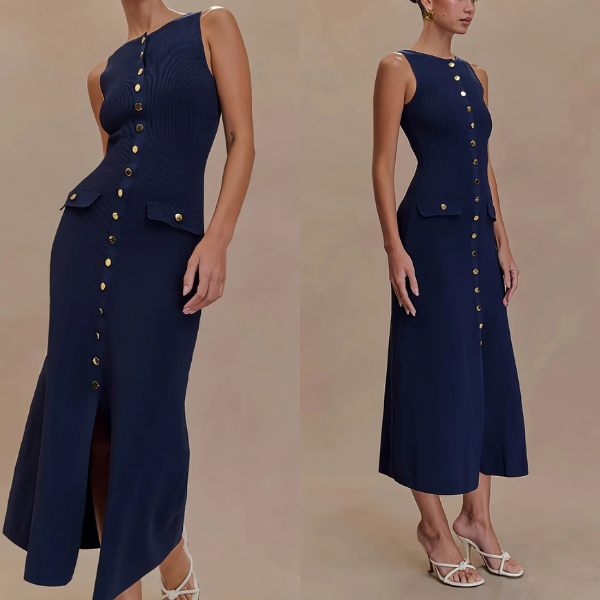 Elea | Vestido midi de punto con botones dorados
