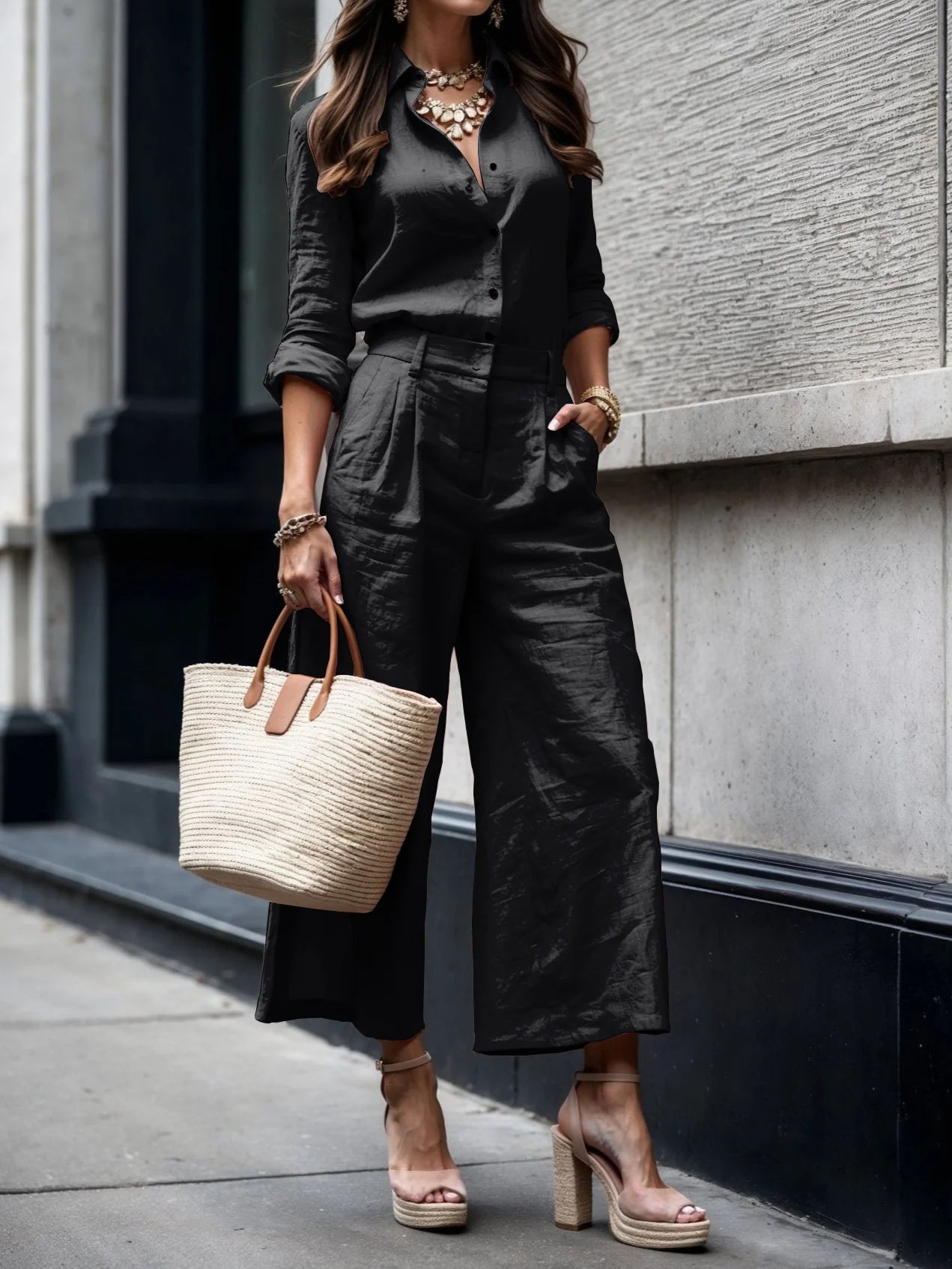 Conjunto de lino con pantalón y camisa holgada