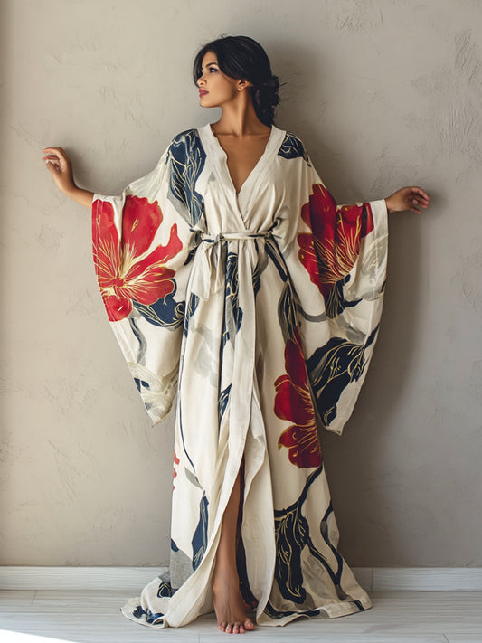 Maëlle / Bata kimono con flores rojas