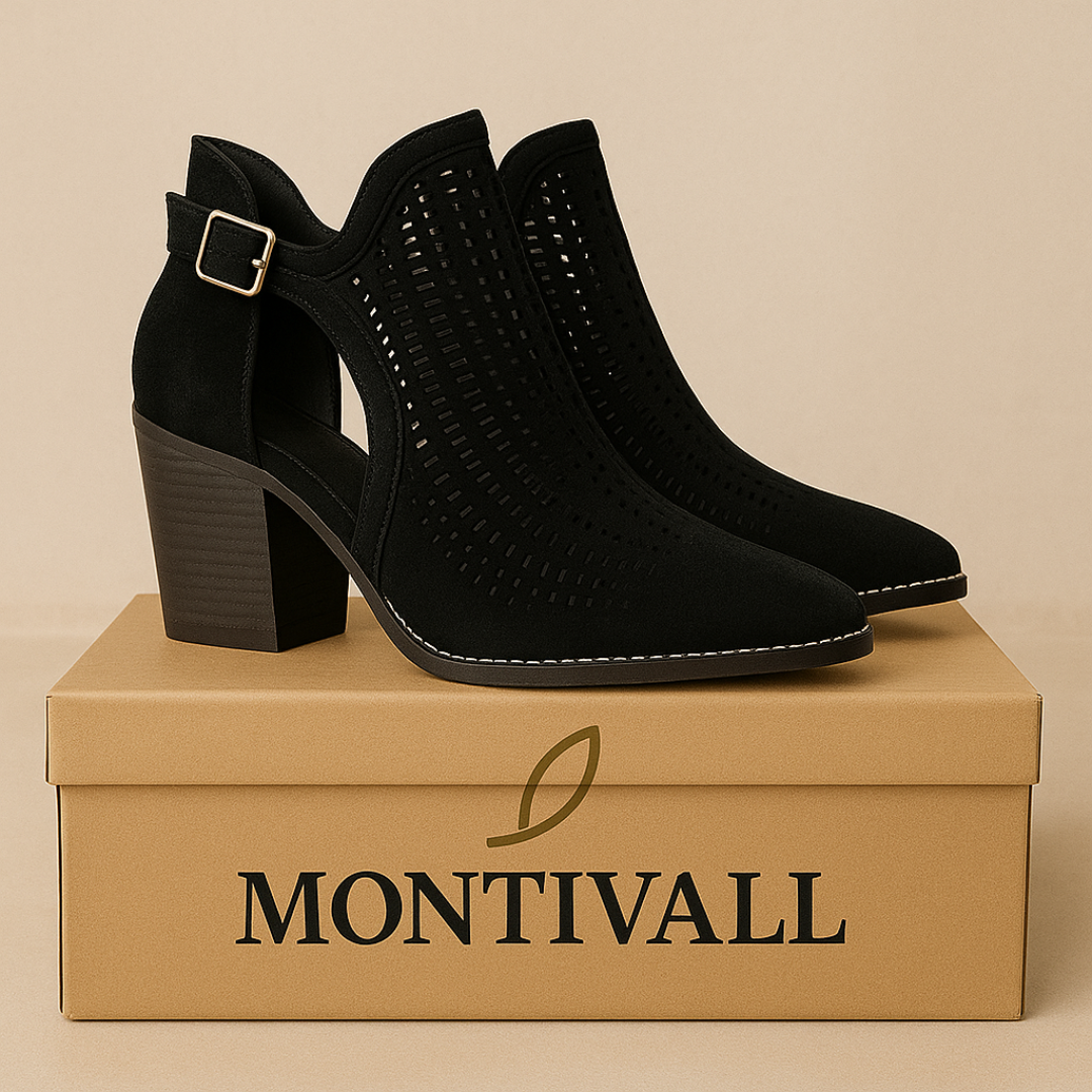 Alanna / Botines de Ante Marrón y Negro con Tacón Medio y Diseño Troquelado