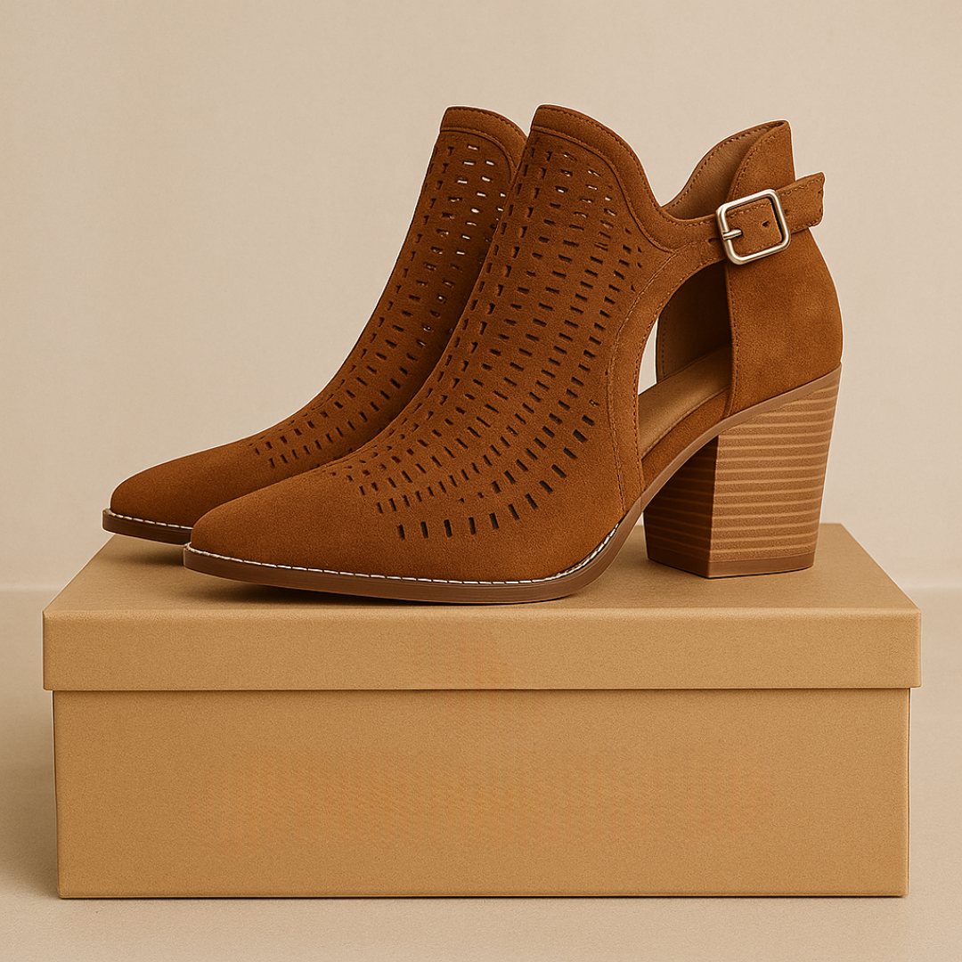 Alanna / Botines de Ante Marrón y Negro con Tacón Medio y Diseño Troquelado
