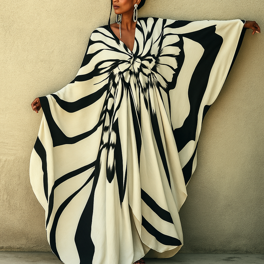 Kaftán largo de lino con cuello en V blanco y negro