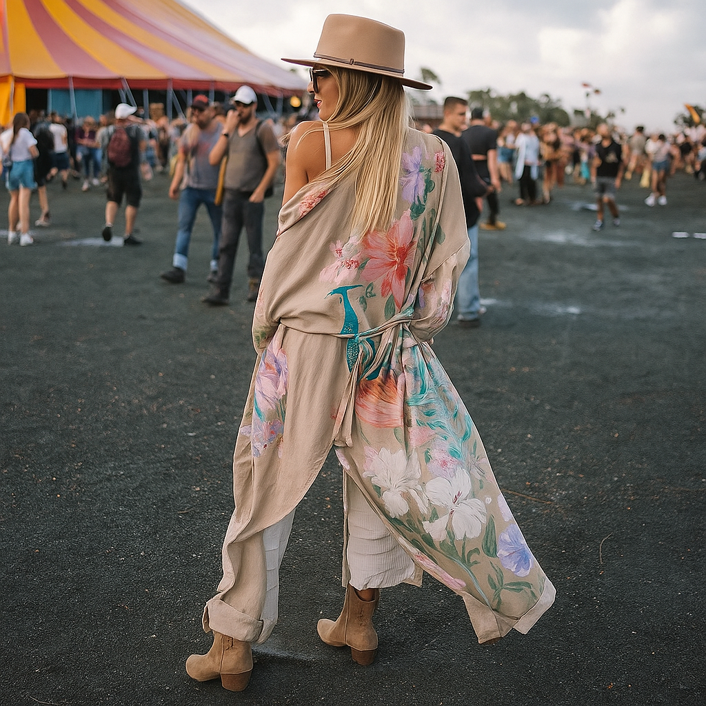 Kimono Boho Festival – Beige con Estampado Floral y Aves Exóticas