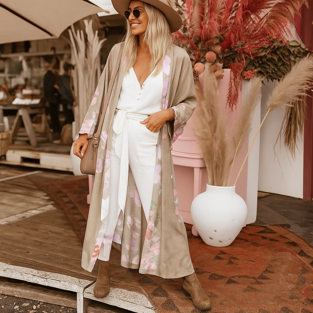 Kimono Boho Festival – Beige con Estampado Floral y Aves Exóticas