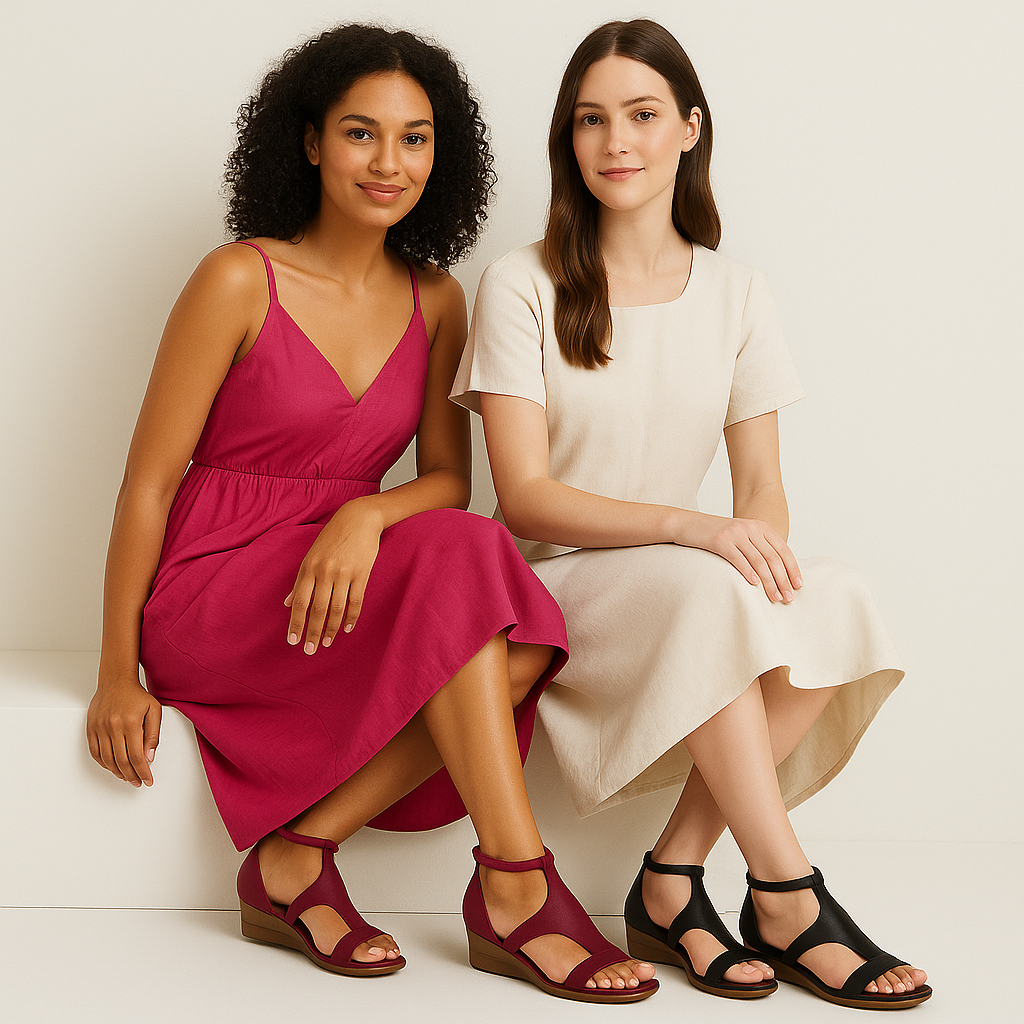 Sandalias cómodas con cuña ergonómica y tira al tobillo – Piel vegana, ligeras y elegantes