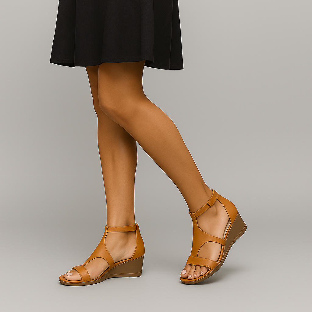 Sandalias cómodas con cuña ergonómica y tira al tobillo – Piel vegana, ligeras y elegantes