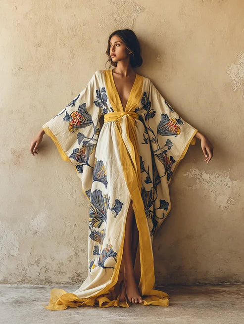 Célin / Bata kimono con flores amarillas