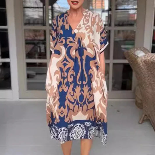 Vestido Holgado de Algodón Estampado – Escote en V y Estilo Natural