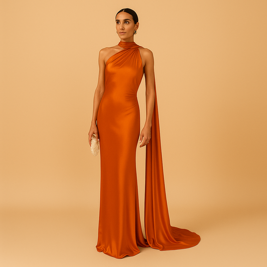 Vestido largo con espalda descubierta, cuello abotonado y pañuelo integrado.