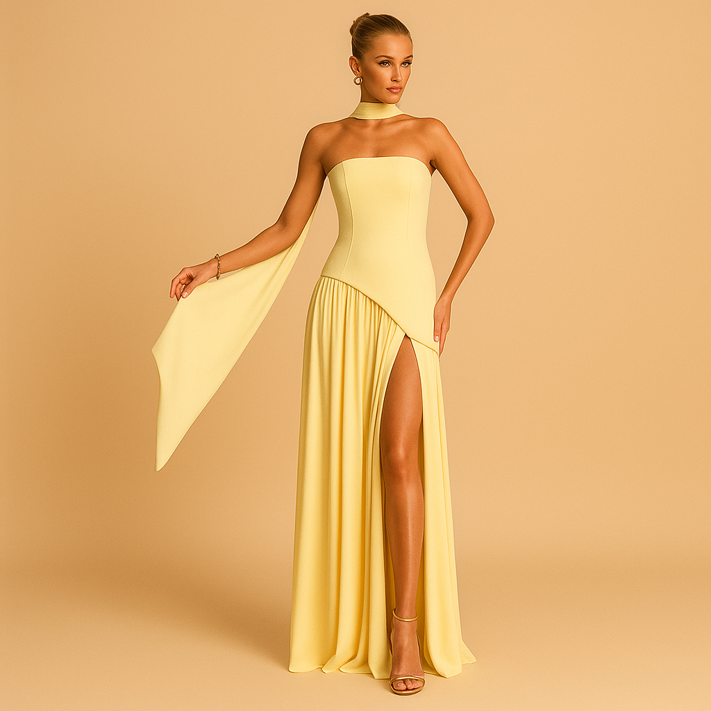 Vestido largo con corsé sin tirantes, abertura lateral y pañuelo a juego.