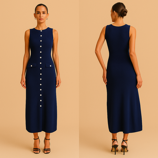 Elea | Vestido midi de punto con botones dorados