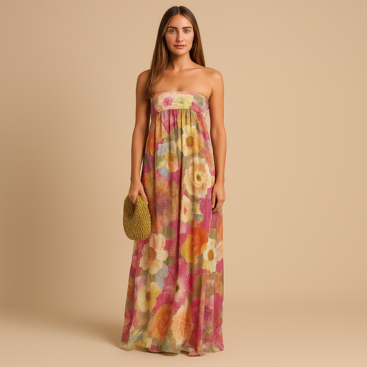 Vestido Largo Floral sin Tirantes Palabra de honor