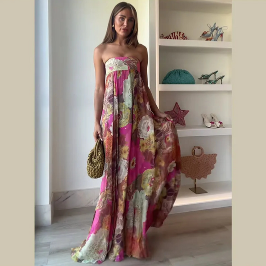 Vestido Largo Floral sin Tirantes Palabra de honor