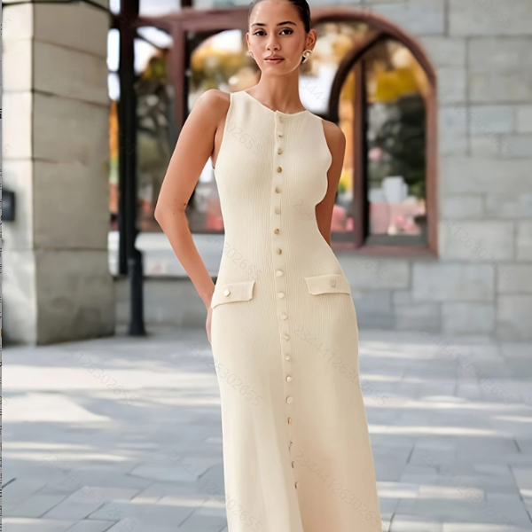 Elea | Vestido midi de punto con botones dorados