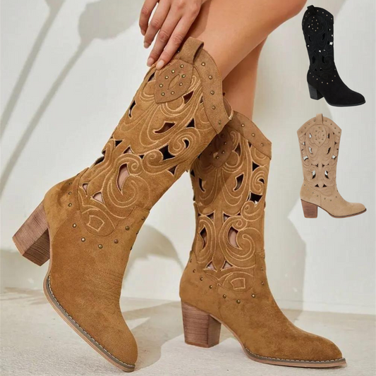 Botas Western Cut-Out – Estilo Cowboy en Ante con Detalles Láser
