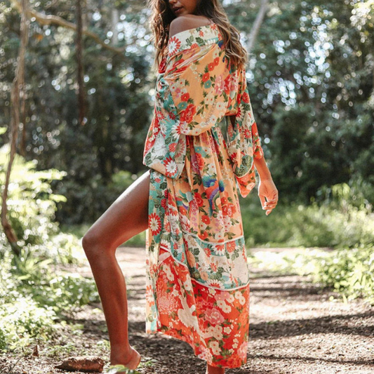 Kimono Largo Boho Garden – Estampado Floral Colorido con Cinturón