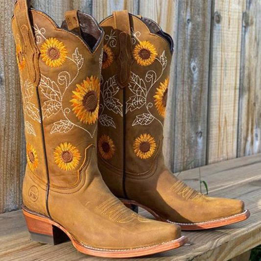 Botas Western Sunflower – Cuero Premium con Bordado de Girasoles