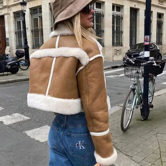 Chaqueta de Serraje con Borreguito Mujer – Estilo Corto Cropped y Forro Aterciopelado