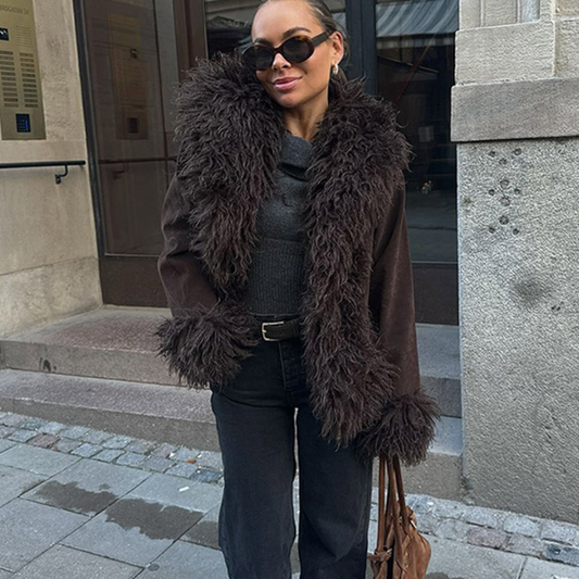 Chaqueta efecto piel con cuello y mangas de pelo – Estilo boho chic