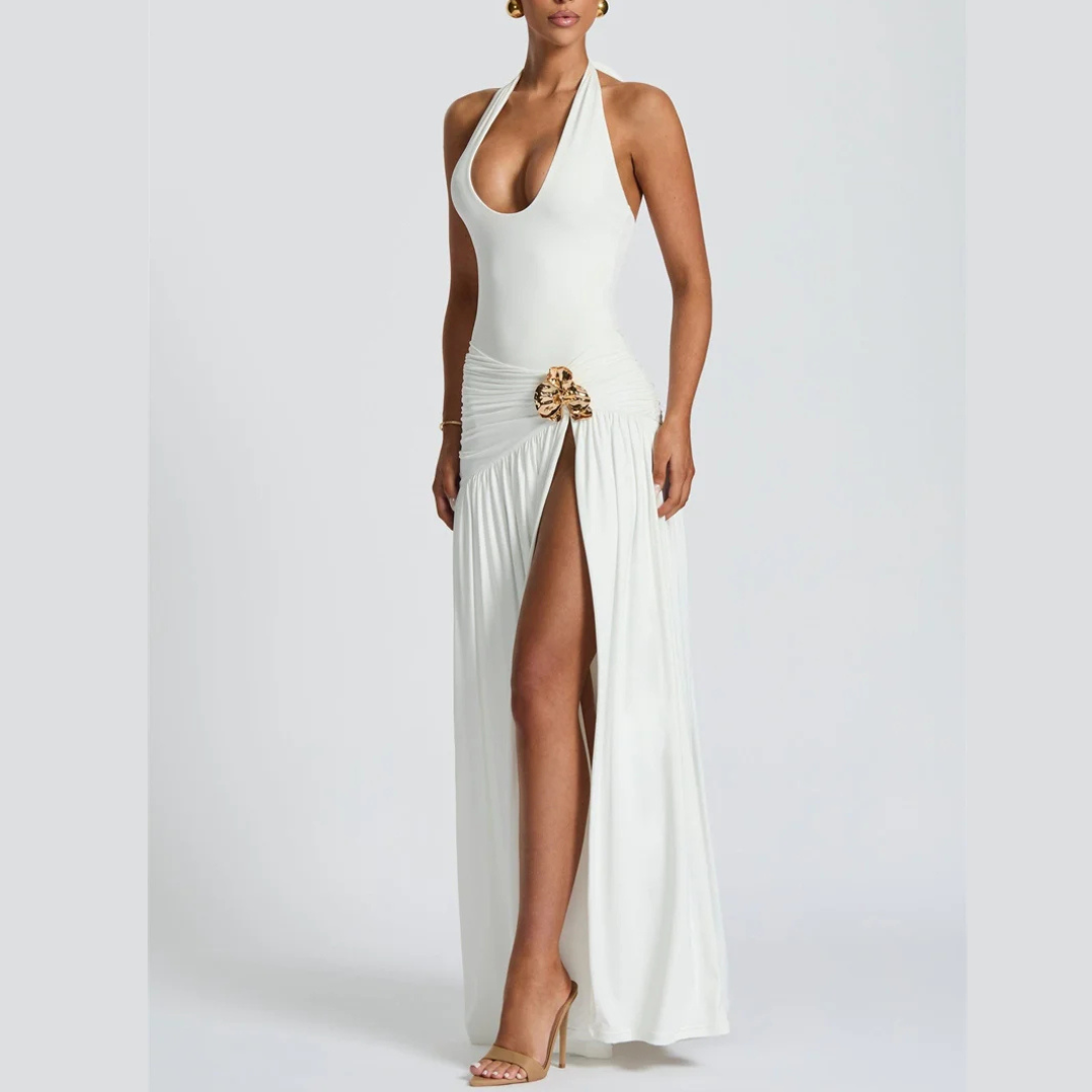 Conjunto de body halter y falda larga con detalle dorado