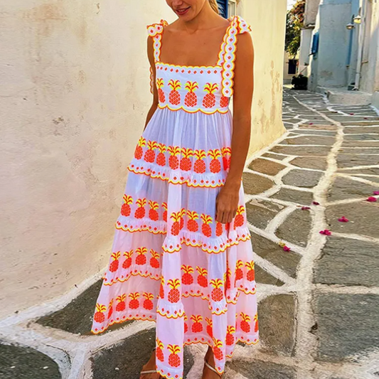 Vestido Largo Piña Tropical – Estilo Bohemio con Tirantes Anudados