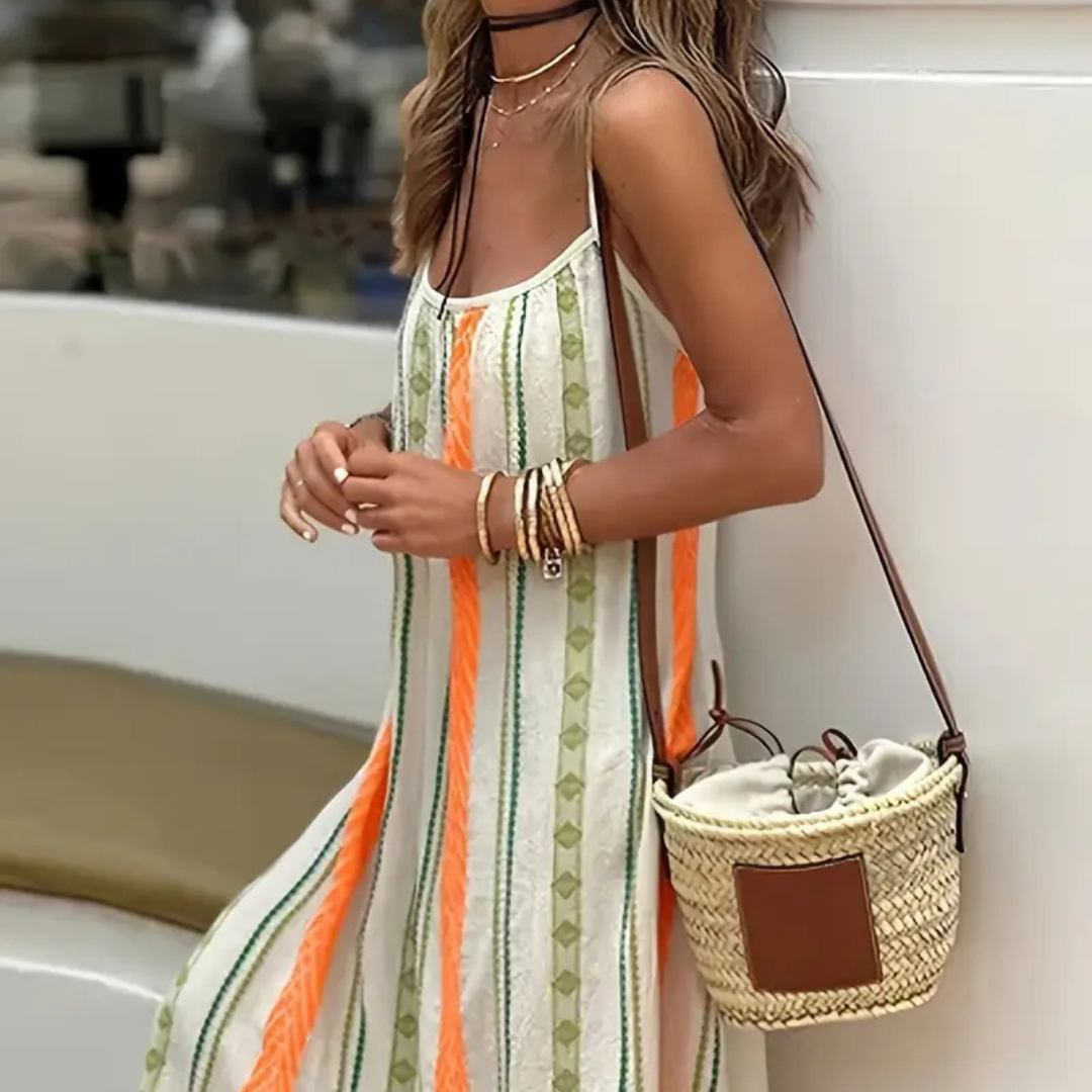 Vestido Maxi Rayas Cálidas – Estilo Boho Casual con Volantes
