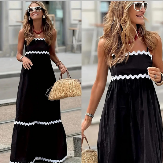 Vestido Maxi Negro Ondas Blancas – Elegancia Clásica con Detalles Modernos