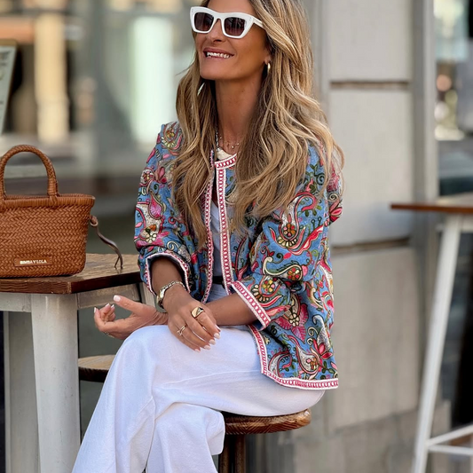 Chaqueta Bomber Boho Chic – Azul con Estampado Étnico