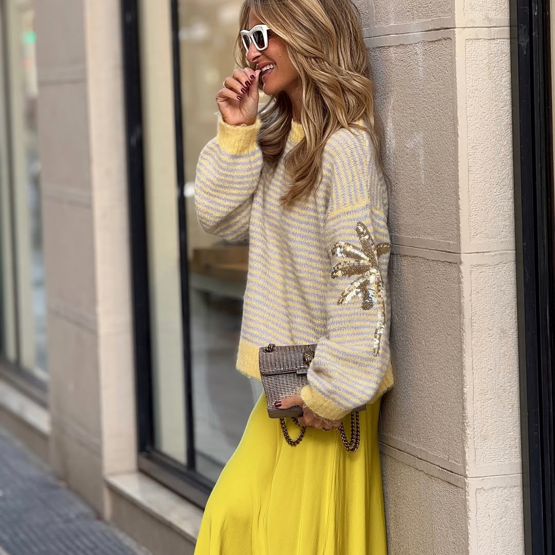 Jersey de Punto Rayas Amarillo & Beige Palm Beach– Detalle Lentejuelas