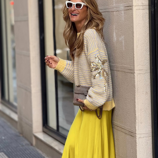 Jersey de Punto Rayas Amarillo & Beige Palm Beach– Detalle Lentejuelas