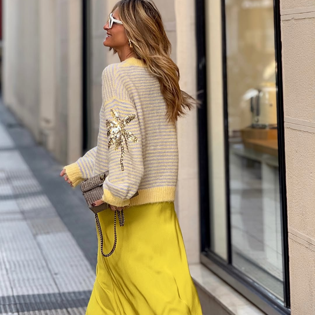 Jersey de Punto Rayas Amarillo & Beige Palm Beach– Detalle Lentejuelas