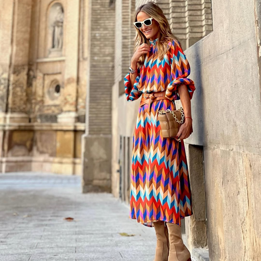 Vestido Midi Zigzag Multicolor – Estilo Retro Chic