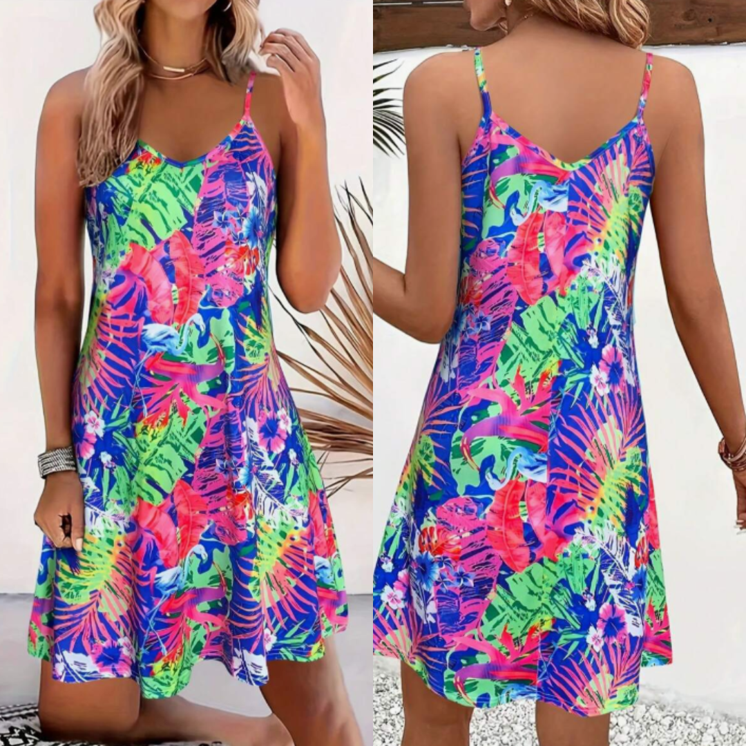 Vestido SummerPalm™ – Mini con Estampado Tropical y Caída Fluida