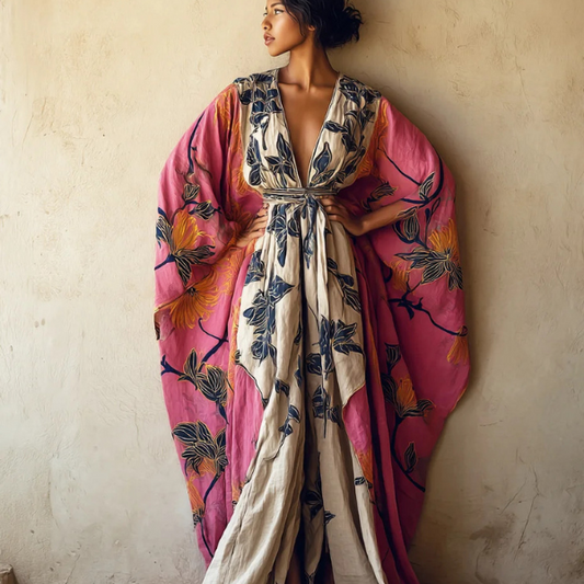 Azuri / Bata Kimono de Lino con Estampado de Boca de Dragón
