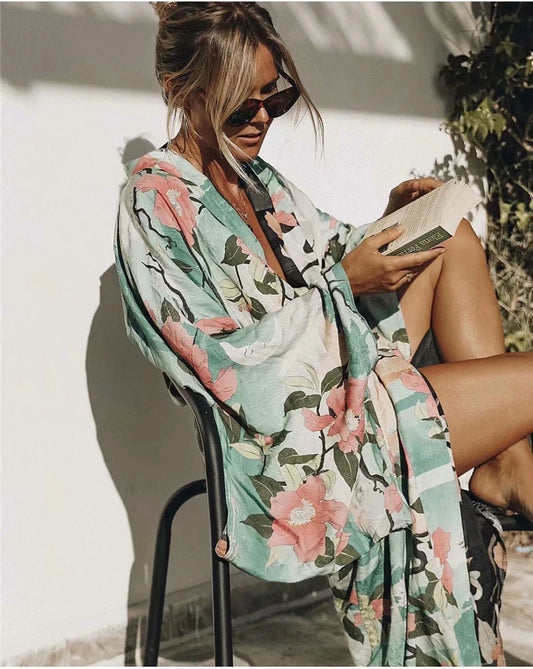 Kimono Pacific Cranes – Verde Esmeralda con Estampado Oriental