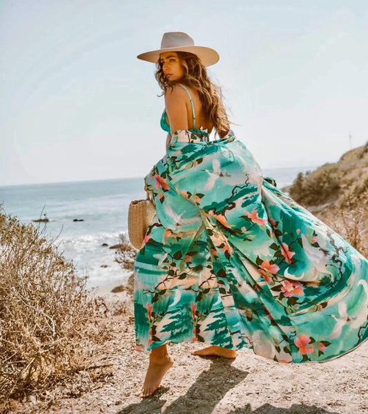 Kimono Pacific Cranes – Verde Esmeralda con Estampado Oriental