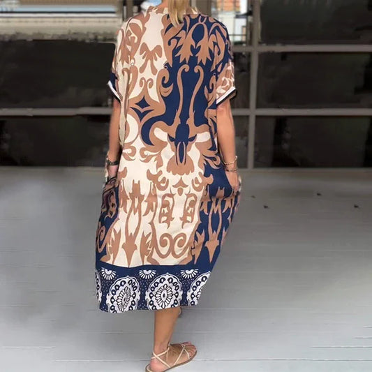 Vestido Holgado de Algodón Estampado – Escote en V y Estilo Natural