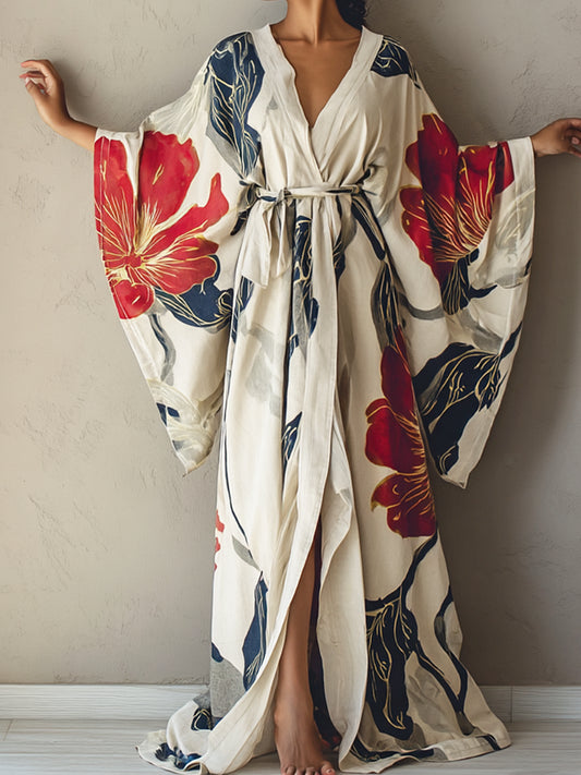 Maëlle / Bata kimono con flores rojas