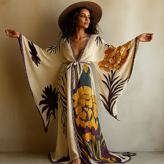 Gladiolo Amarillo Limón para Mujer / Bata Kimono de Lino (Incluye Cinturón)