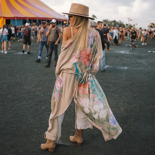 Kimono Boho Festival – Beige con Estampado Floral y Aves Exóticas